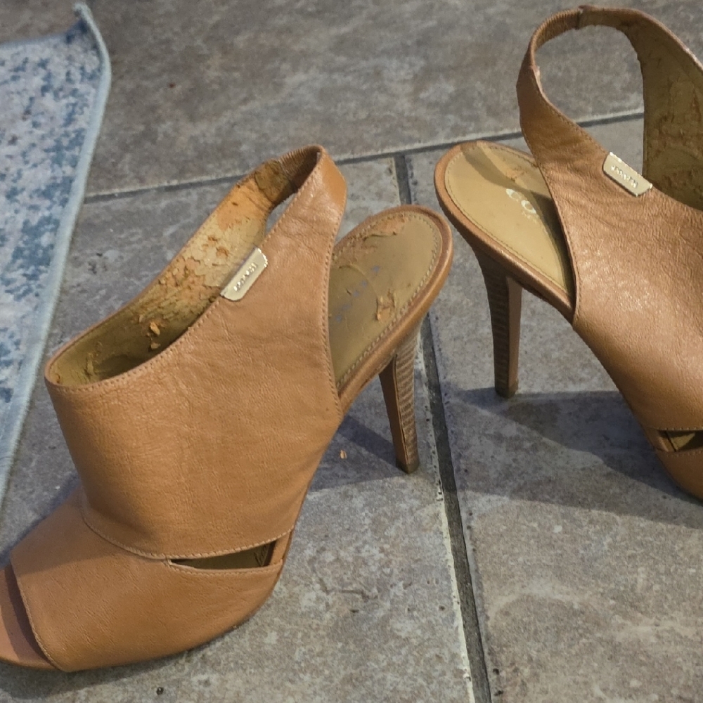 Coach Camel Leather Open-Toe Heels